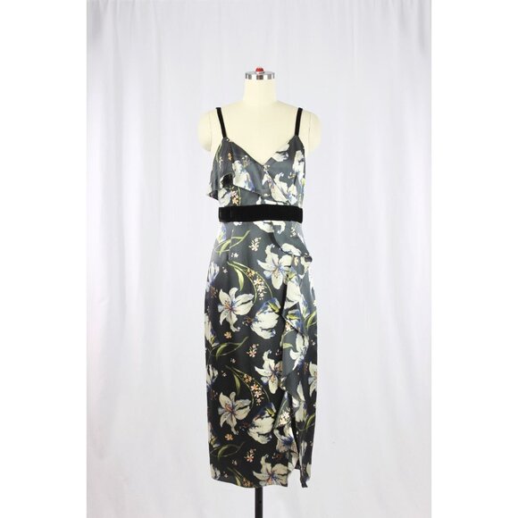 CINQ A SEPT Leena Floral Silk Charmeuse Ruffle Velvet Midi Sheath Dress, Size 2 - Picture 5 of 16